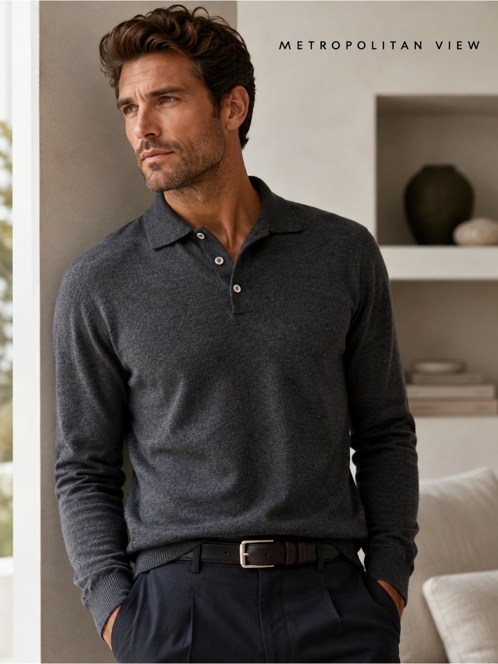 Metropolitan View Charcoal Gray 100% Wool Polo Sweater XL Knit Lux Italian Yarn
